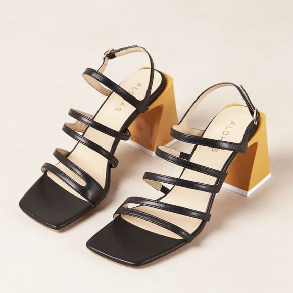 ALOHAS NWOT Aubrey Strappy Yellow Block Heel Square Toe Sandal Size 37/6.5 - Picture 3 of 16